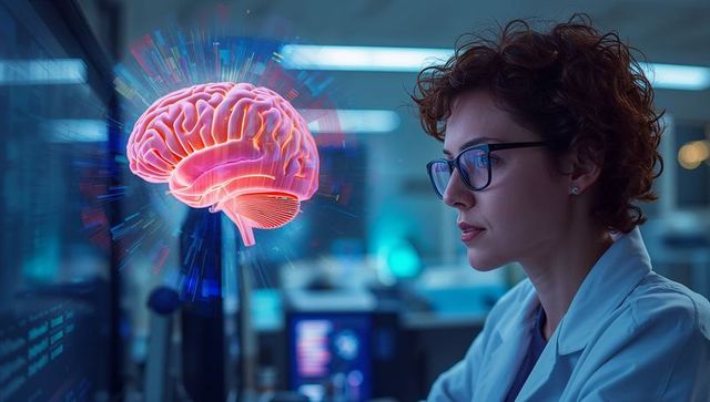 Researcher Analyzing 3D Holographic Brain Model in High-Tech Lab