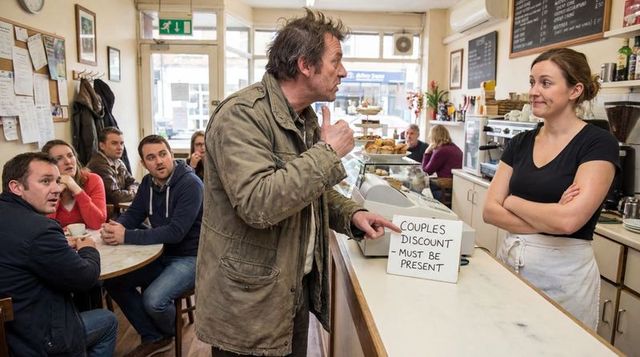 Couples discount debate at busy local cafe — customer confronting barista over offer
