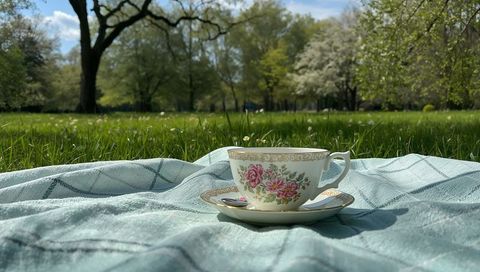 Vintage floral china teacup on blue checked picnic blanket in sunlit park meadow
