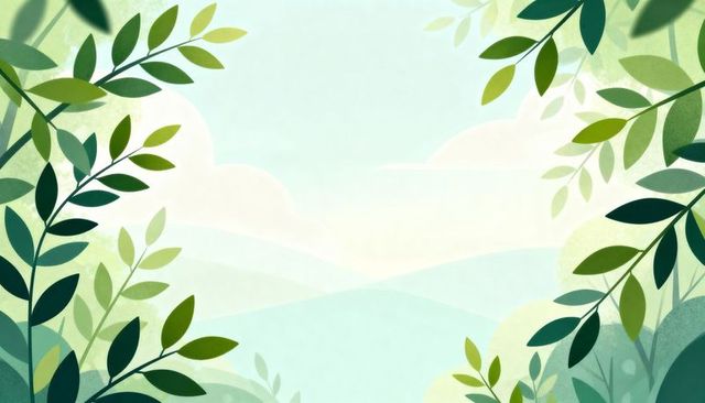 Framing leafy branches revealing pastel valley and rolling hills with soft clouds