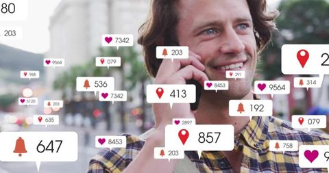 Smiling man holding phone surrounded by social media notifications and location pins