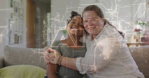 Smiling woman hugging child on sofa with AI network overlay conveying family tech connection