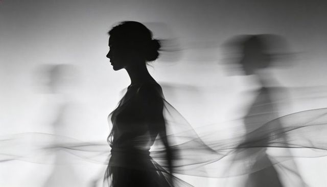 Ethereal fashion silhouette moving with flowing fabric trails in monochrome backlight mood