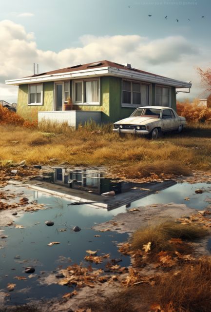Green bungalow and white car in sunset, created using generative ai technology. Home, architecture and property concept digitally generated image.