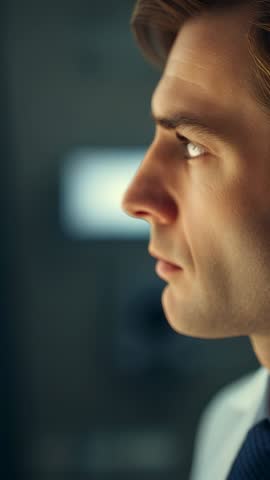 Vertical portrait video man following off-screen finger in office, contemplative closeup