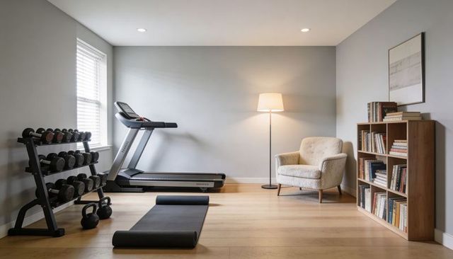 Home gym combining treadmill, dumbbells, kettlebells and cozy reading nook with bookshelf
