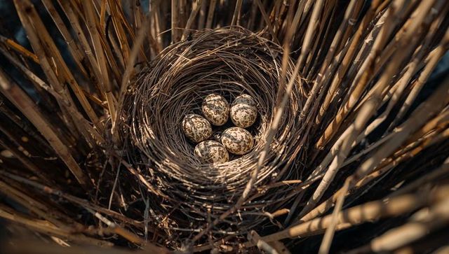Sunlit reed nest holding five speckled eggs, marsh nesting close-up for wildlife conservation