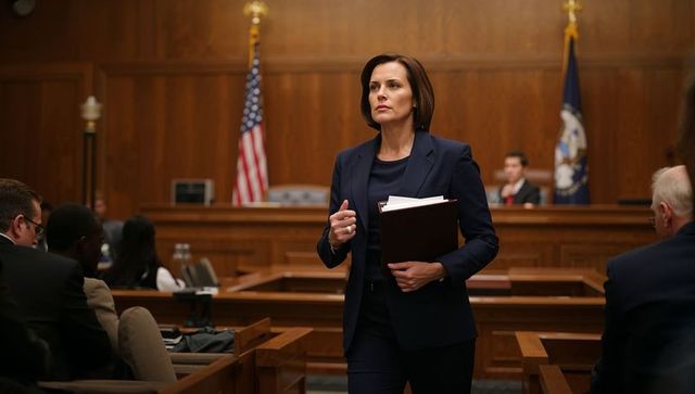 Female attorney walking down courtroom aisle carrying binder during formal hearing