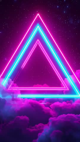 Pulsing Neon Triangle Over Violet Clouds Vertical Loop for Cyberpunk Retro Visuals