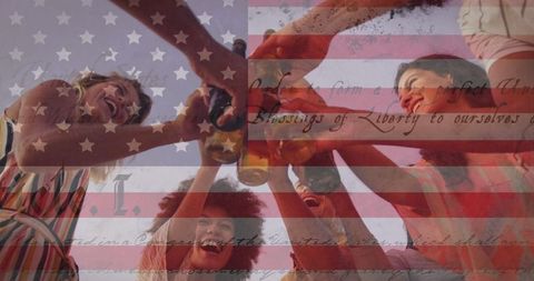 Friends Toasting on Beach with American Flag and Constitution Overlay