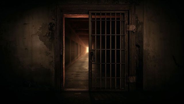 Open Prison Cell Door with Dimly Lit Corridor