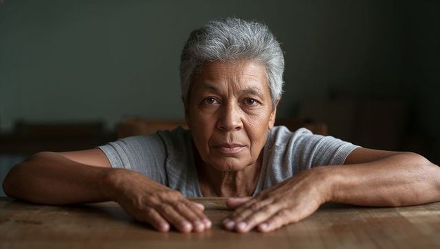 Contemplative hispanic elder leaning over worn wooden table intimate soft light portrait