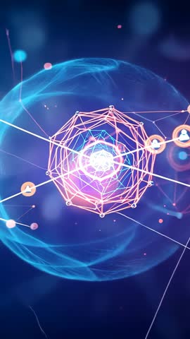 Rotating neon polyhedron core pulsing inside glowing network sphere vertical tech video