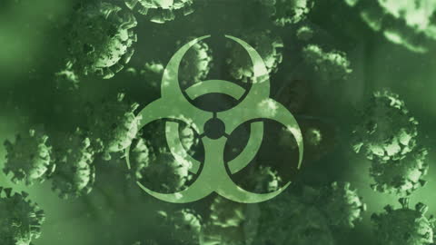 Covid-19 Cells with Biohazard Symbol on Green Background