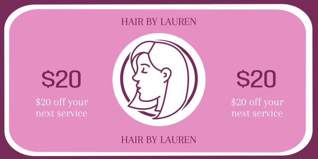Hair salon promotion offering $20 off on the next service. Features an illustration of a woman in the center with 'Hair by Lauren' text and a pink background. Ideal for hair salons to attract and retain customers by providing a discount on future services.