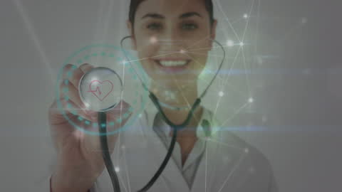 Smiling Doctor with Stethoscope in Digital Network Interface