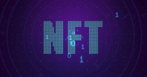 Glowing nft letters pulsing on neon digital blockchain poster with binary mosaic design