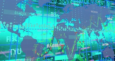 World map overlaying trading screen with financial data points