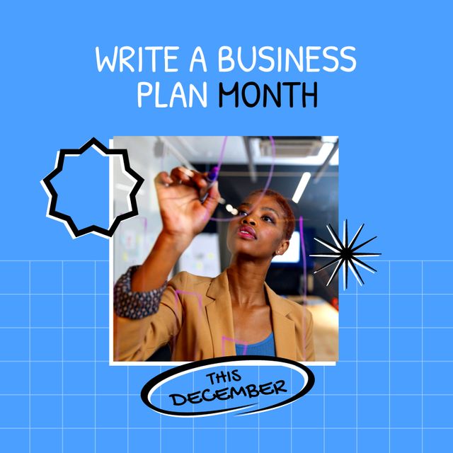 Write a business plan month this december text and african american businesswoman writing on wall. Digital composite, abstract, planning, goals, growth and office concept.