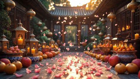 Festive courtyard decorated with lanterns and rose petals, vishu festival
