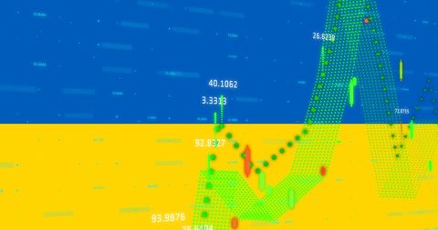 this image features colorful data visualizations and financial graphs laid over the ukrainian flag. the merging of financial elements and national imagery symbolizes the intersection of ukraine’s economy and geopolitical circumstances. the composition is useful for conveying economic analysis, news articles about ukraine’s finances, political presentations, or reports on international market impacts related to geopolitical tensions.