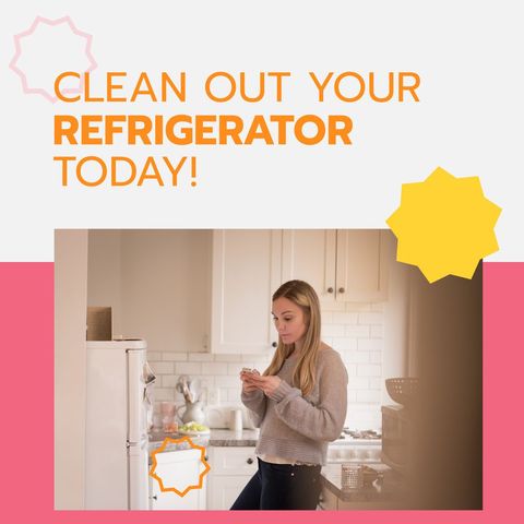 Motivational Reminder to Clean Out Refrigerator with Woman in Kitchen - Download Free Stock Templates Pikwizard.com