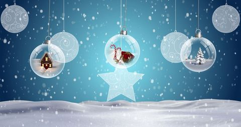 Snow Falling on Sparkling Christmas Ornaments and Scenic Baubles