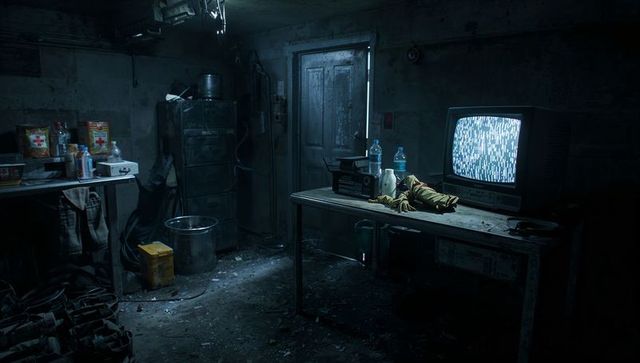 Vintage Basement Workspace with Static CRT Television