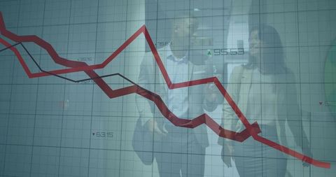 Business partners discussing analytics amidst projected data