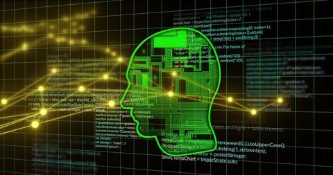 Neon-green head pulsing with circuit traces on virtual grid with floating code