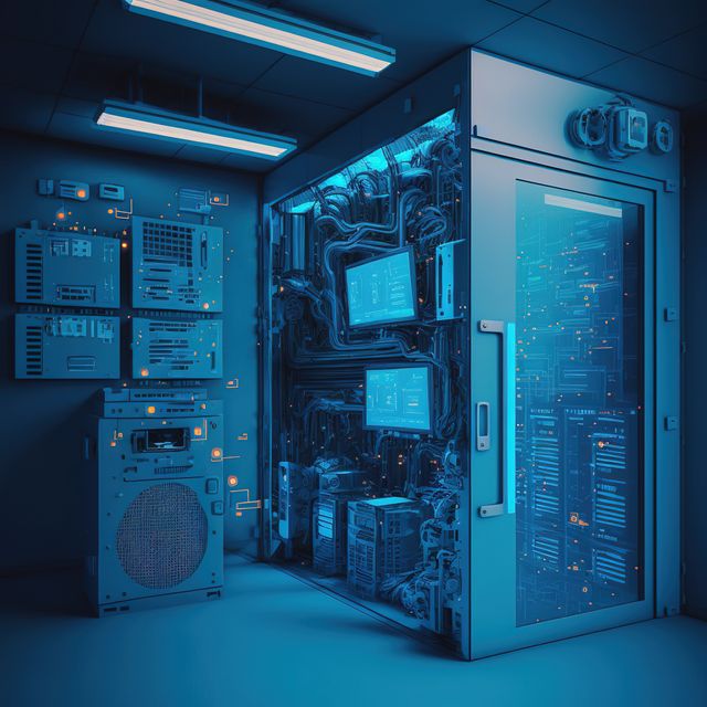 Image of empty server room, created using generative ai technology. Global technology and server room concept, digitally generated image.