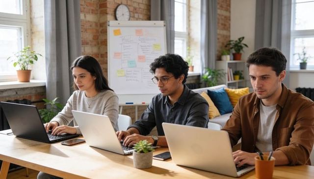 Diverse team collaborating on laptops in bright loft office with whiteboard and plants