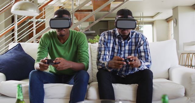 Friends Gaming with Virtual Reality Headsets in Modern Living Room - Download Free Stock Photos Pikwizard.com
