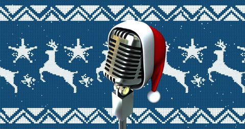 Retro Microphone Wearing Santa Hat with Festive Blue Christmas Background - Download Free Stock Images Pikwizard.com