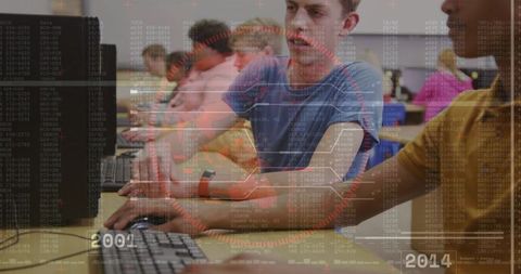 Students collaborating, typing in computer lab with futuristic hud data overlay 2001-2014
