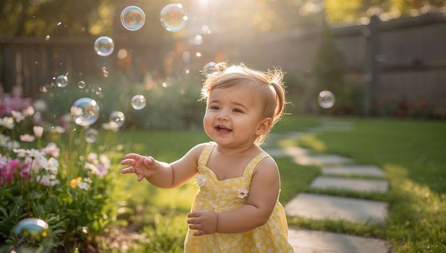 Toddler Reaching for Bubbles in Sunlit Backyard Wearing Yellow Floral Sundress during Golden Hour
