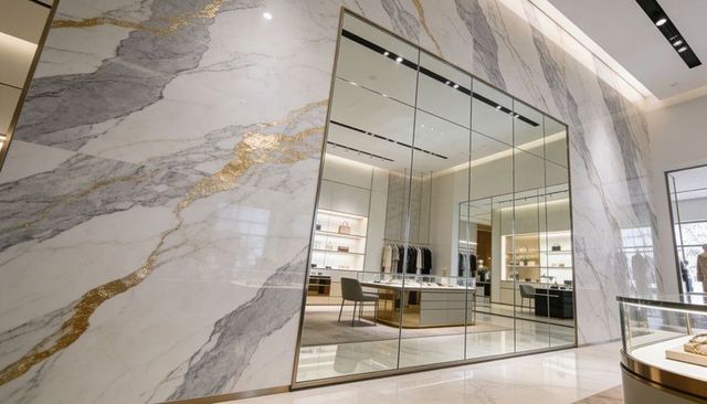 Floor-to-ceiling calacatta marble wall with gold veining and mirrored boutique entrance