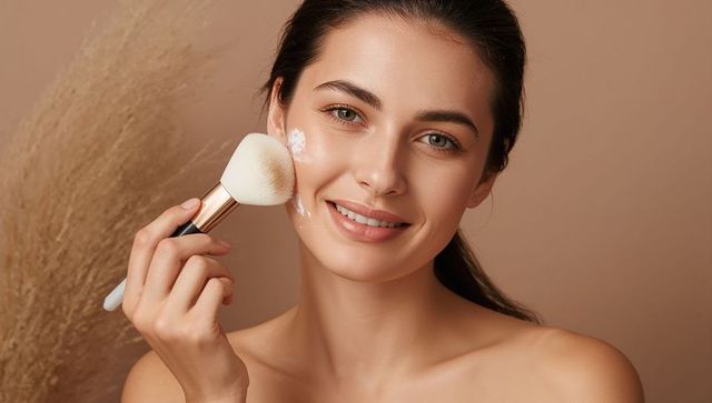 Applying cream with soft makeup brush on radiant natural skin for beauty and skincare