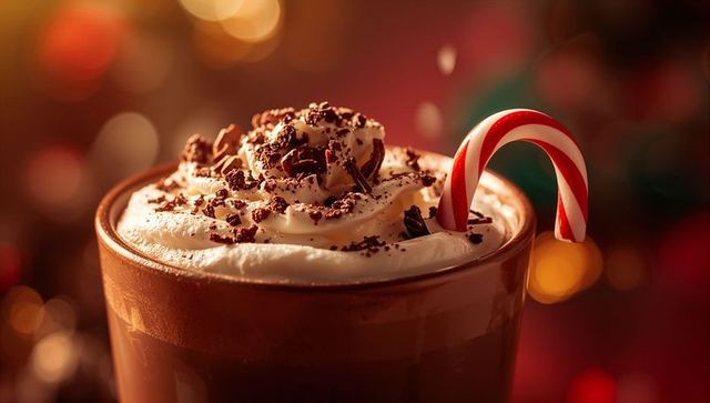 Festive hot chocolate topped with whipped cream and candy cane