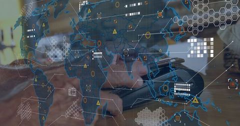 Global cybersecurity network overlay on hand operating mouse with keyboard and data HUD