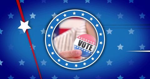 Holding vote badge framed by patriotic blue star ring, election campaign, voter engagement