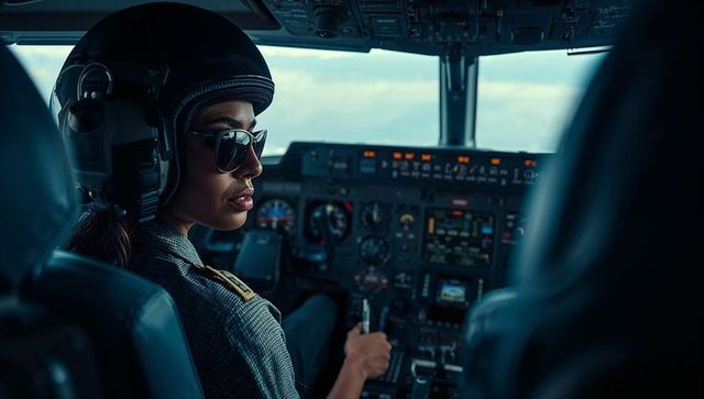 Focused female pilot operating aircraft in cockpit environment
