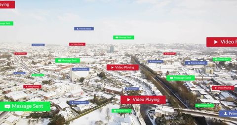Social media notifications floating over snow-covered city