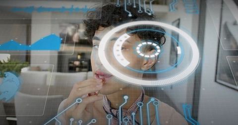 Futuristic grooming HUD overlay — Young man touching lips wearing neck scarf in lounge