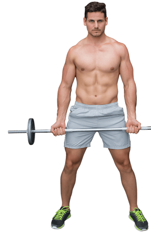 Athletic muscular man holding barbell on transparent background