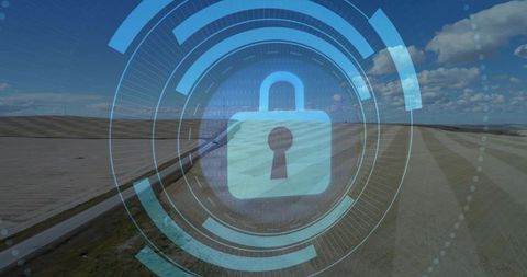 Digital security icon overlaying rural farmland landscape