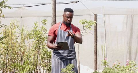 Agriculturist Using Tablet Technology in Sustainable Urban Nursery