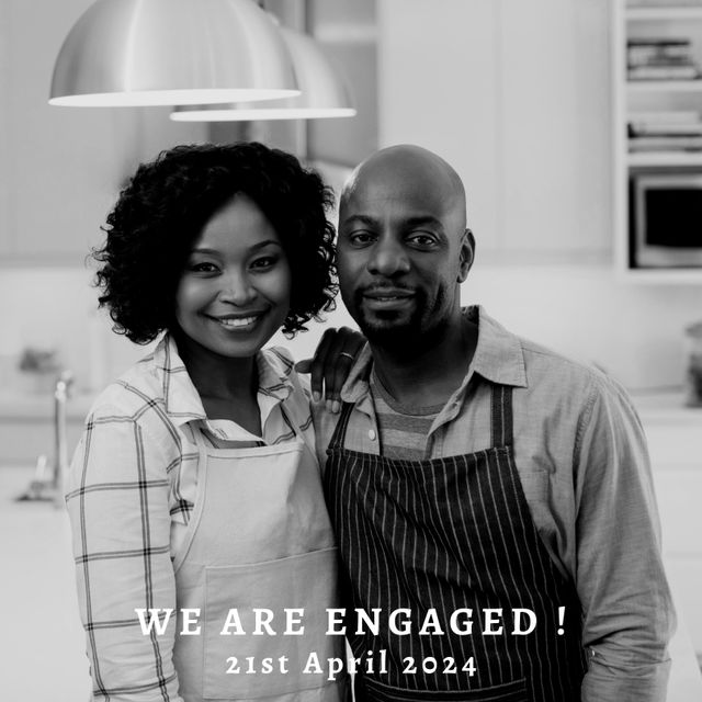 Engaged couple joyfully announcing engagement at home in kitchen while wearing aprons. Perfect for use in engagement announcements, articles on love and relationships, social media posts celebrating milestones, and lifestyle blogs about everyday happiness and partnership.