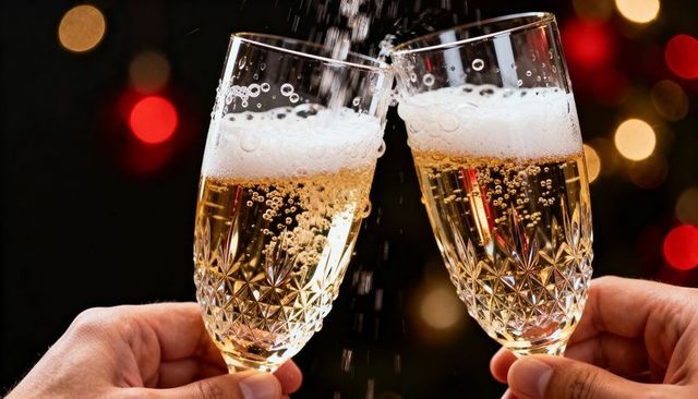 Clinking cut-crystal champagne flutes with bubbly pour and festive holiday bokeh