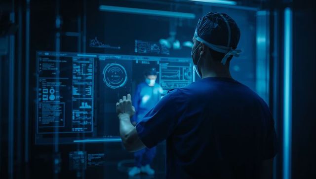 Surgeon interacting with holographic surgical display in high-tech blue-lit operating room